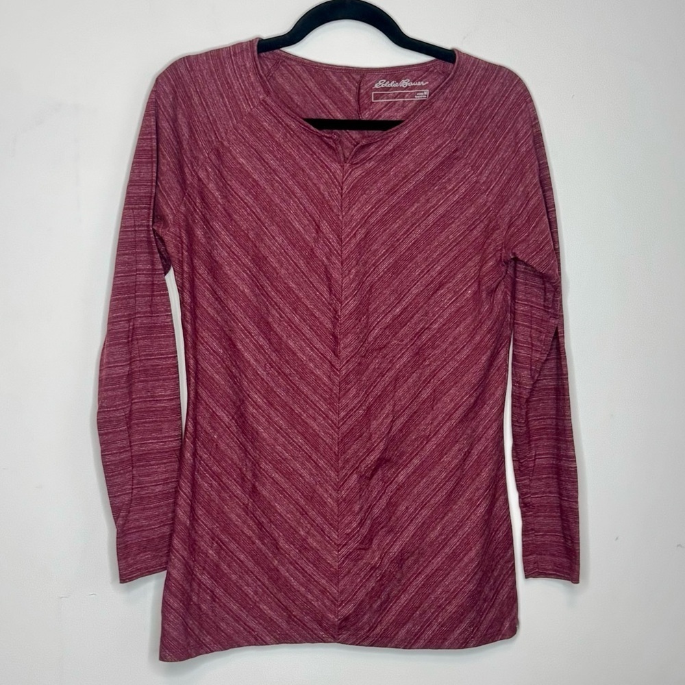 Eddie Bauer Medium Red Wine Marled Stretch Notch Neck Pullover Cotton Blend Top